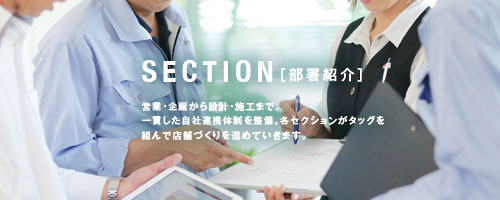 SECTION［部署紹介］営業・企画から設計・施工まで、一貫した自社連携体制を整備。各セクションがタッグを組んで店舗づくりを進めていきます。